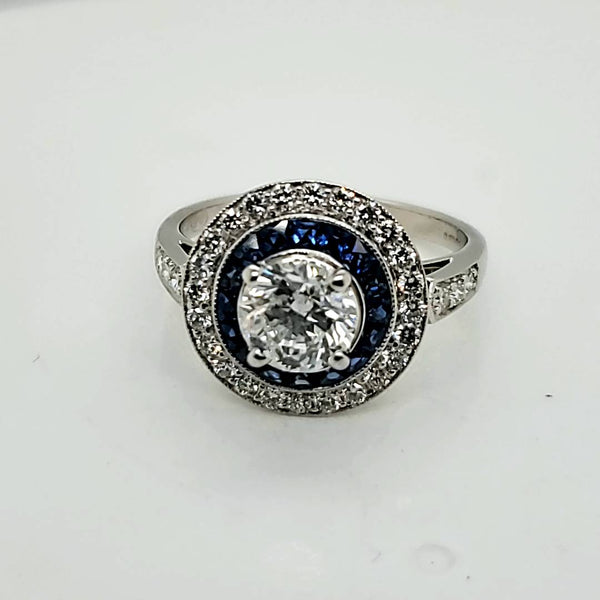 Platinum .92 Carat Round Brilliant Diamond and Sapphire Engagement Ring