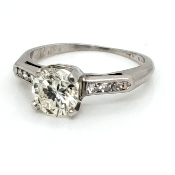 Late Art Deco platinum .91 carat transitional cut and round diamond engagement ring
