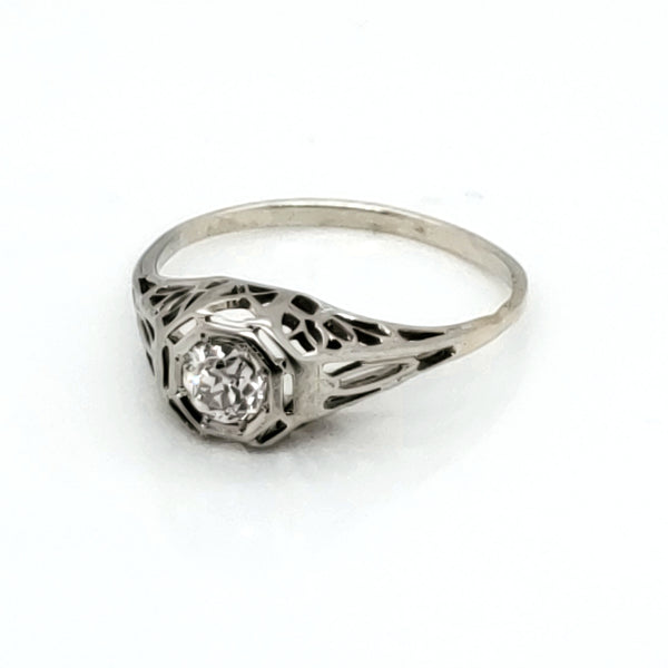 18kt white gold Art Deco .20 carat diamond filigree engagement ring