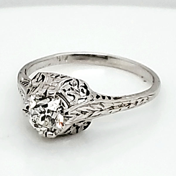 Art Deco 14kt white gold and .94 carat european cut diamond engagement ring