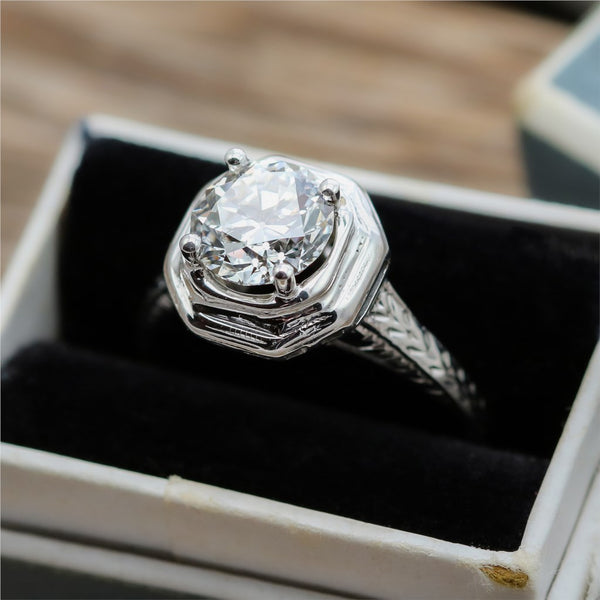 Art Deco 1.31 Carat Round European Cut Diamond Engagement Ring