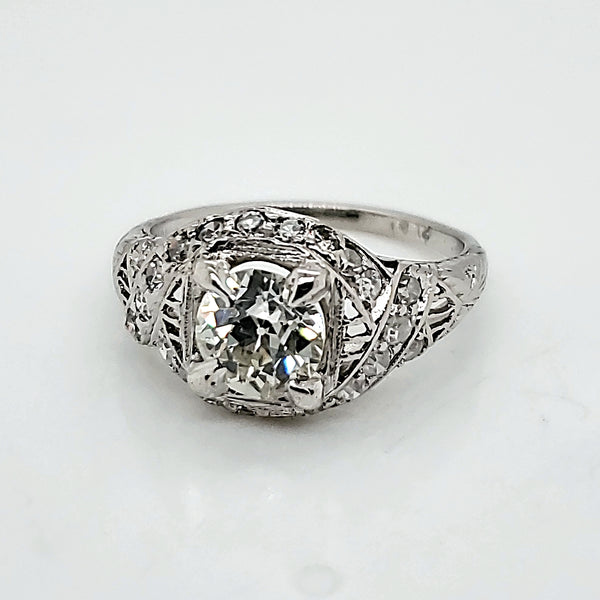 Art Deco Platinum 1.00 Carat European Cut Diamond Engagement Ring