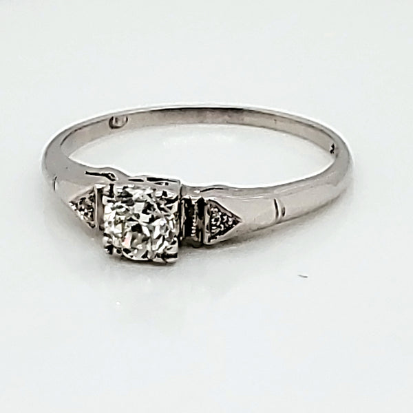 Art Deco 18kt white gold and .40 carat round, european cut diamond engagement ring