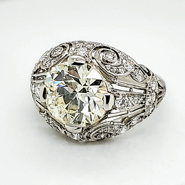 3.53 European Cut Diamond Platinum Engagement Ring