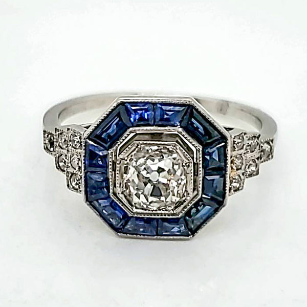 Platinum Mine Cut Diamond Engagement Ring with Sapphires