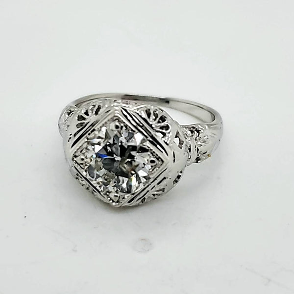Art Deco 18kt White Gold 1.36 Carat European Cut Diamond Engagement Ring