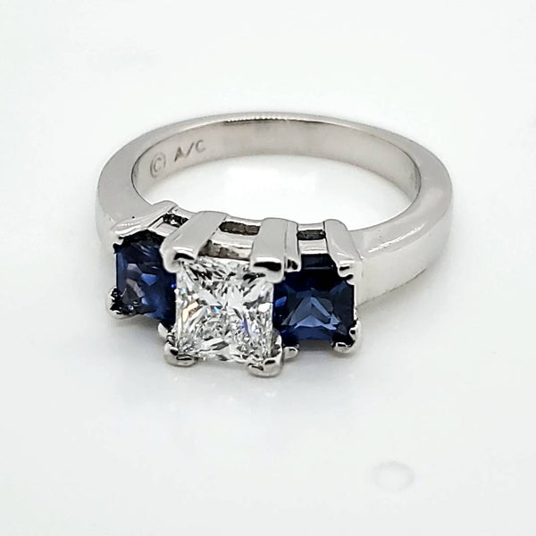 Platinum .94 Carat Princess Cut Diamond and Sapphire Engagement Ring