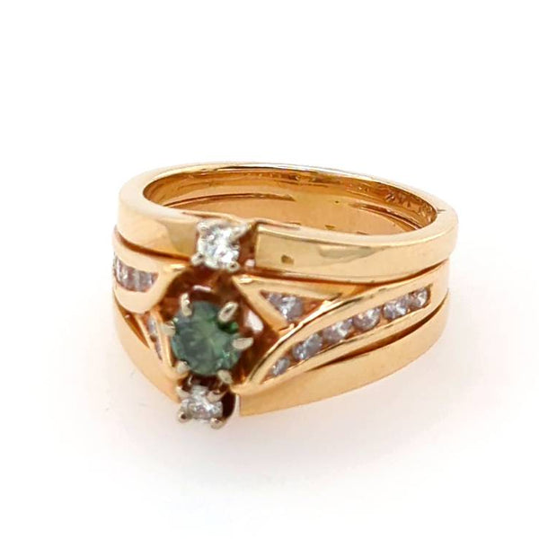 14kt yellow gold green irradiated and natural white diamond ring