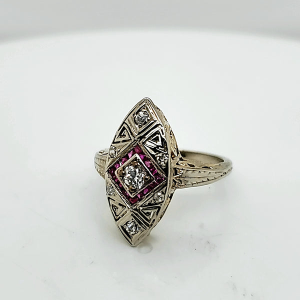 Art Deco 14k White gold Diamond and Ruby Ring
