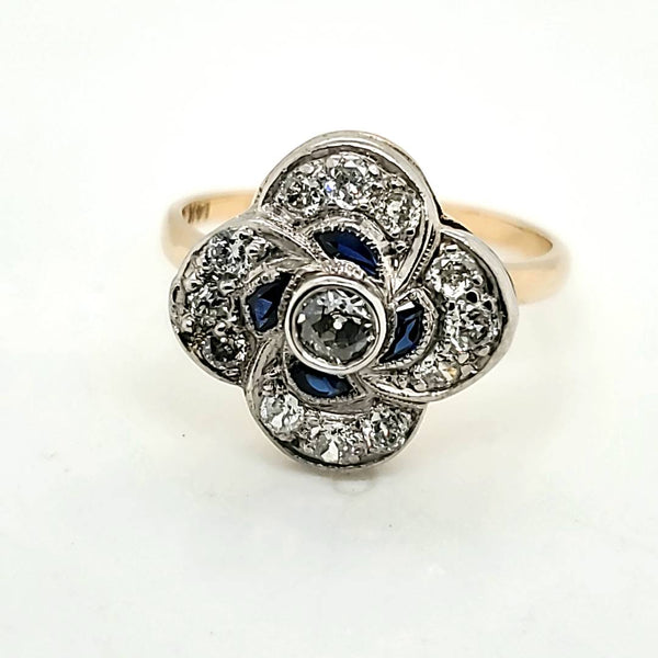 Vintage Sterling on Yellow Gold Sapphire and Diamond Ring