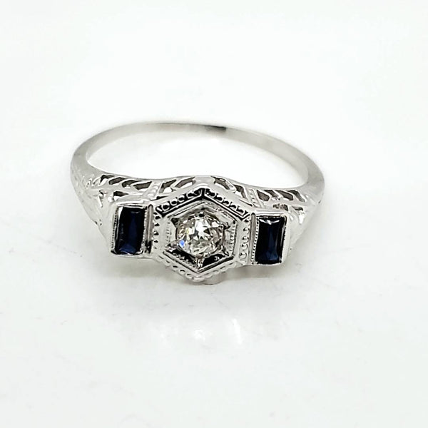 Art Deco 18kt White Gold Diamond and Sapphire Ring