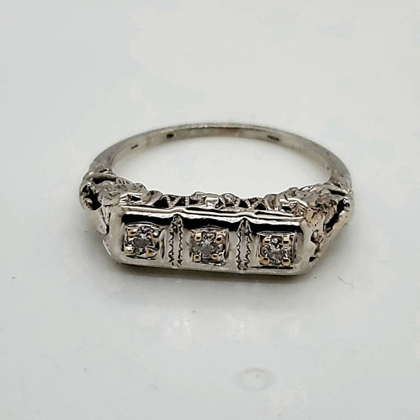 Art Deco 14kt White Gold Three Diamond Filigree Ring