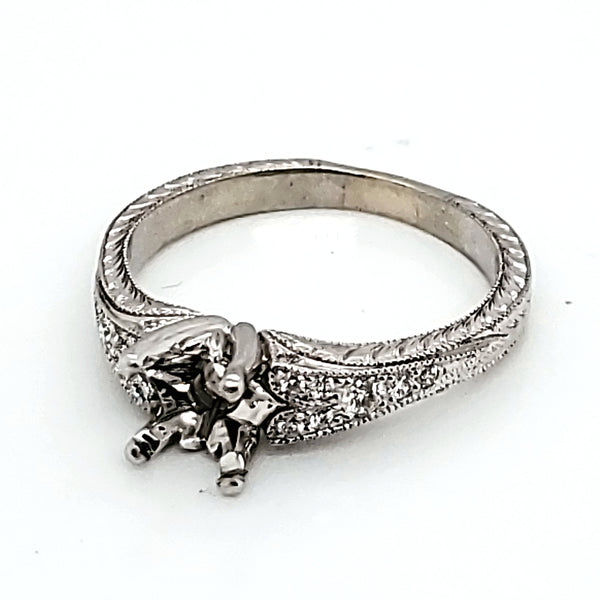 Hand fabricated 14kt white gold and diamond engraved engagement ring setting