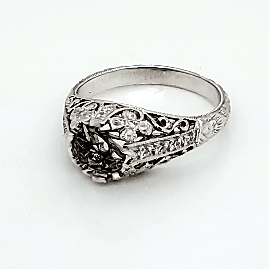14kt white gold and diamond filigree ring setting