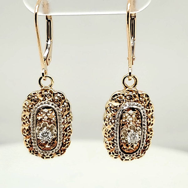 Vintage 14kt Yellow Gold and Diamnd Filigree Dangle Earrings