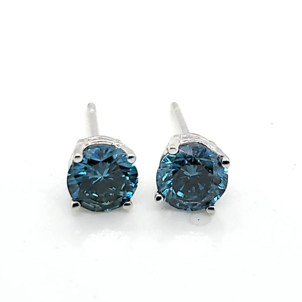 1.50 Carat Total Weight Iradiated Blue Round Diamond Stud Earrings