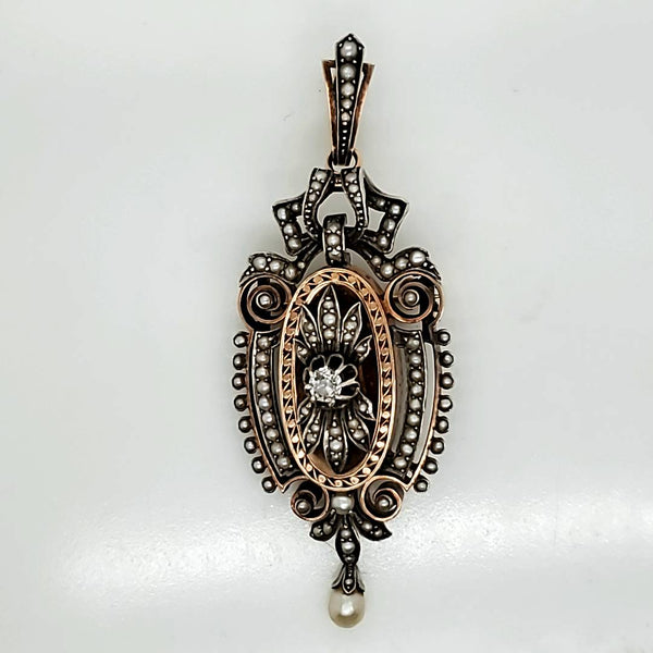 Victorian Silver On 14Kt Rose Gold Diamond And Natural Seed Pearl Pendant Necklace/Brooch