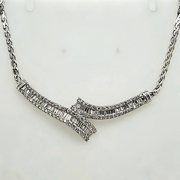 14kt White gold Round and Baguette Diamond V Style Necklace