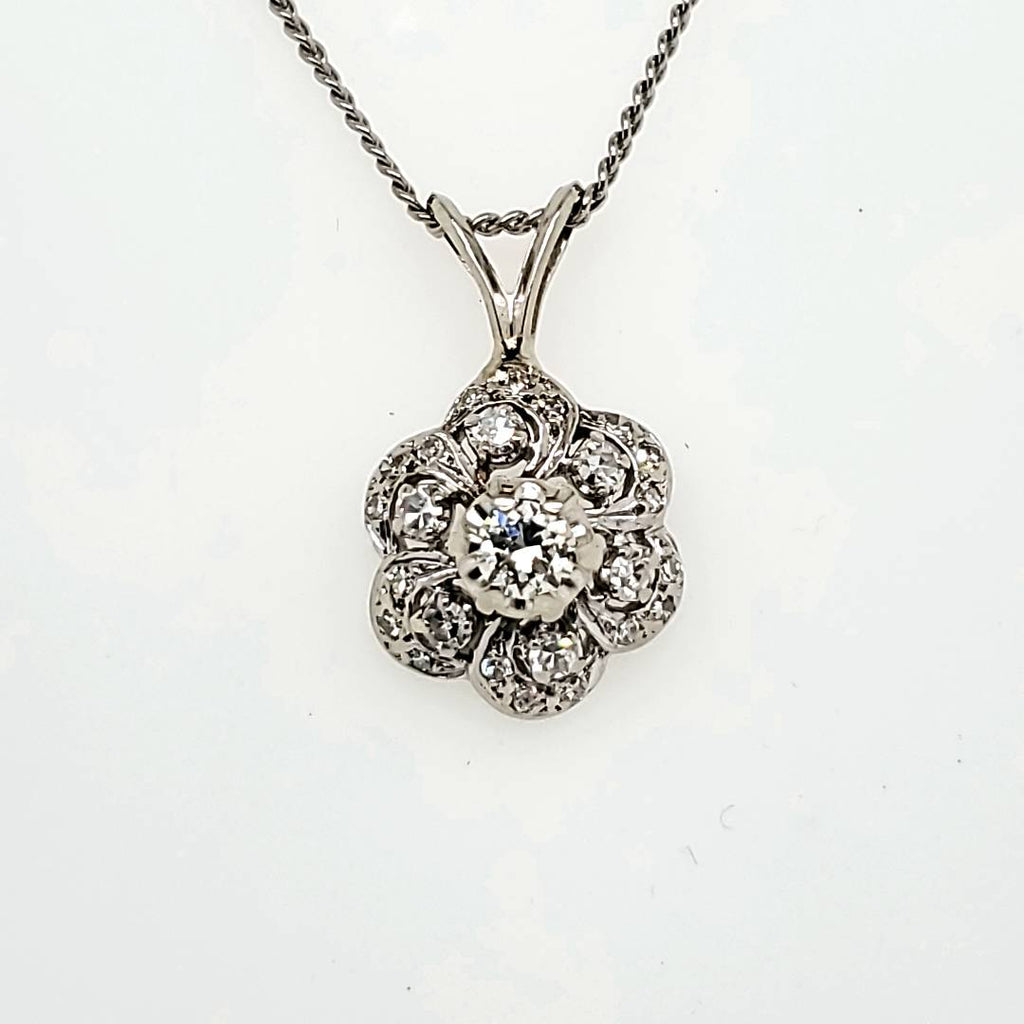 Vintage 14kt white Gold and ?Diamond starburst Pendant Necklace