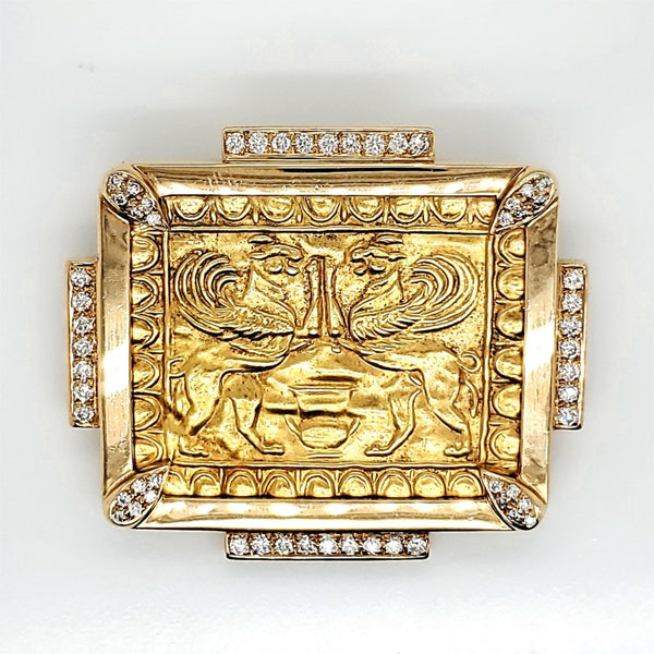 Barry Brinker brooch featuring an ancient Scythian 24kt gold plaque set in 18kt gold and platinum with diamond accents