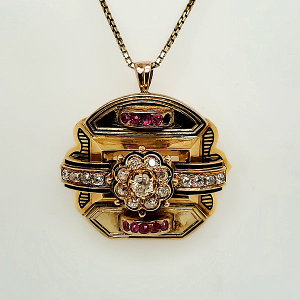 Antique Victorian 14kt Gold Diamond and Ruby Pendant/Brooch
