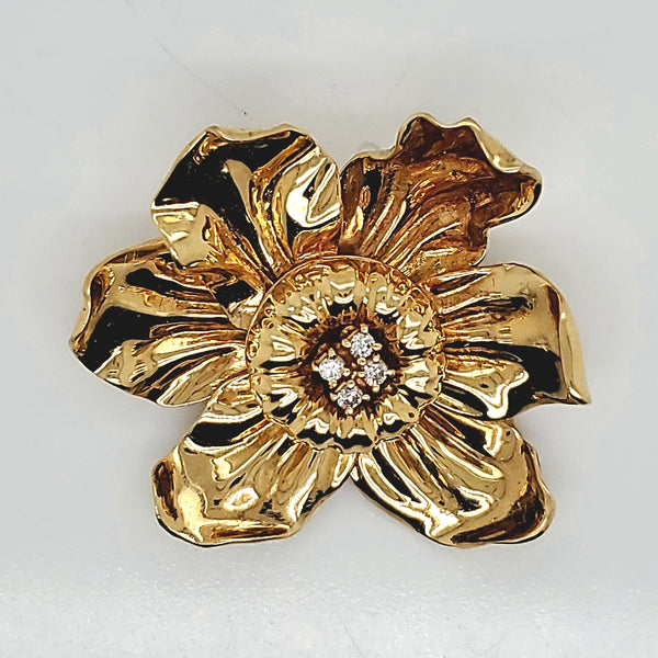 Vintage 18kt Yellow Gold and Diamond Flower Brooch
