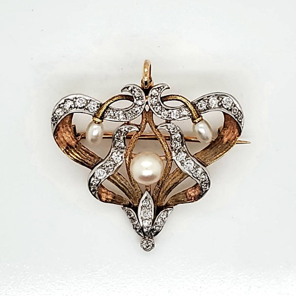 Antique Art Nouveau 14kt Gold Pearl and Diamond Brooch/Pendant