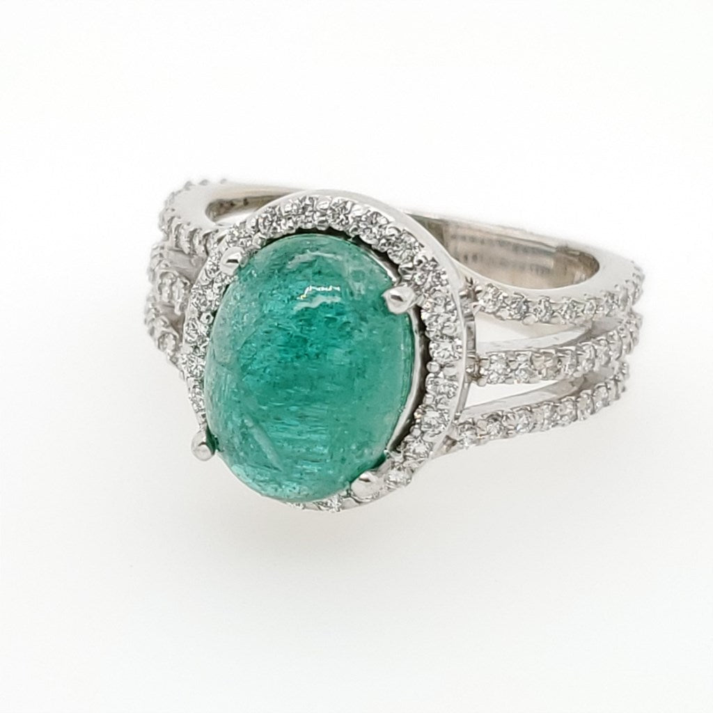 14kt white gold 6.00 carat cabochon cut emerald and diamond ring