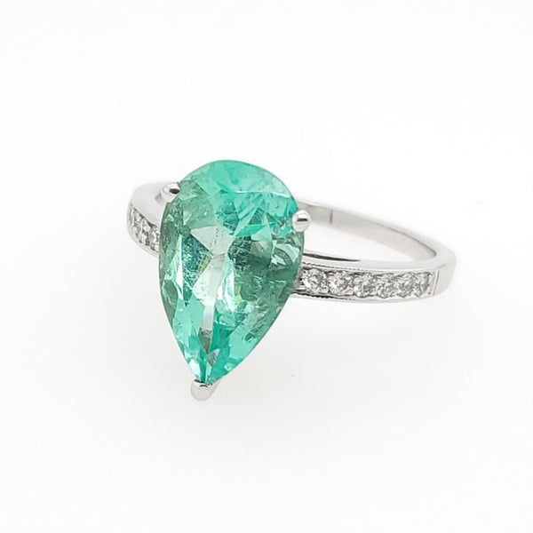 3.83 carat pear shape emerald and diamond ring.