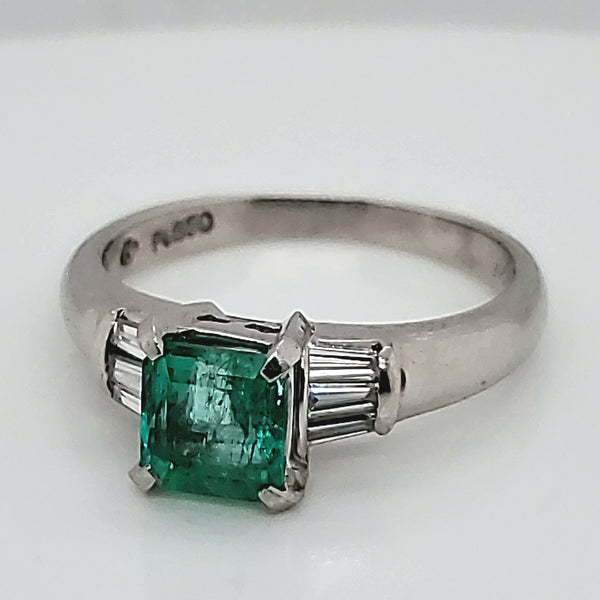 Platinum Emerald and Baguette Diamond Ring