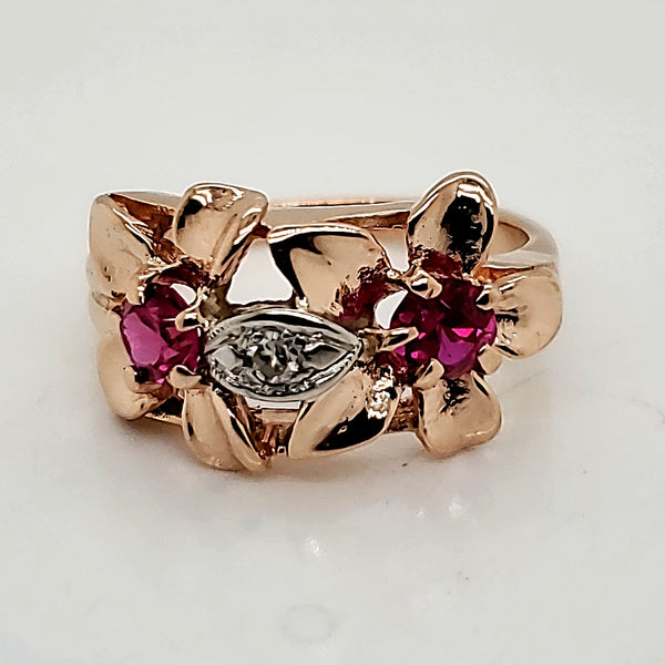 1940s Retro 14kt Rose Gold Ruby and Diamond Ring
