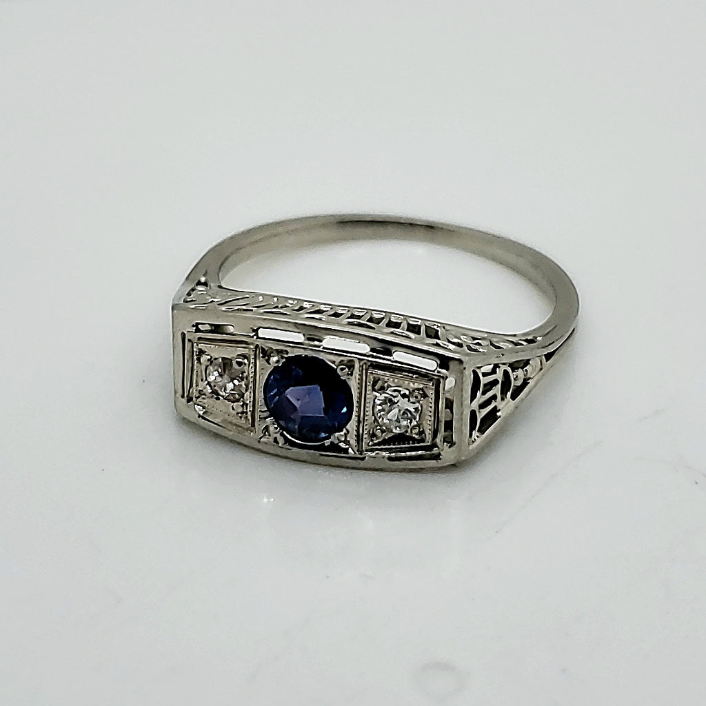 Art Deco 18kt White Gold Sapphire and Diamond Ring