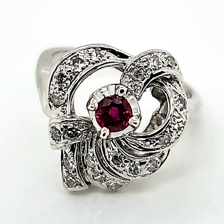 Vintage 1950s 14kt White Gold Ruby and Diamond Ring