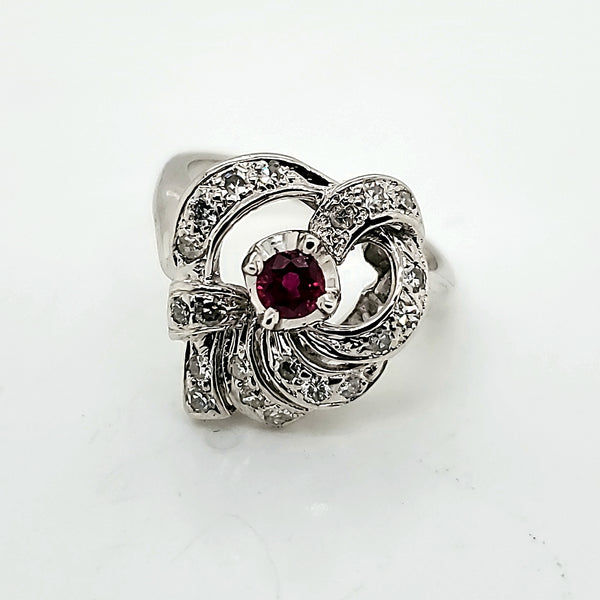 Vintage 1950s 14kt White Gold Ruby and Diamond Ring
