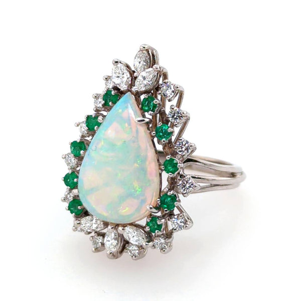 14kt White Gold Opal Diamond and Emerald Ring