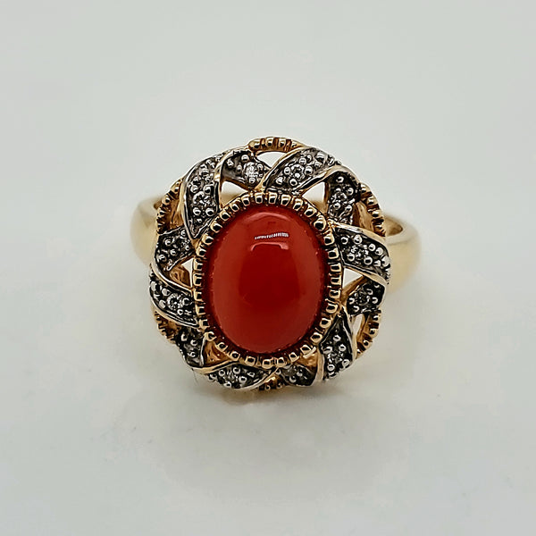 LeVian 14kt Yellow Gold Coral and Diamond Ring
