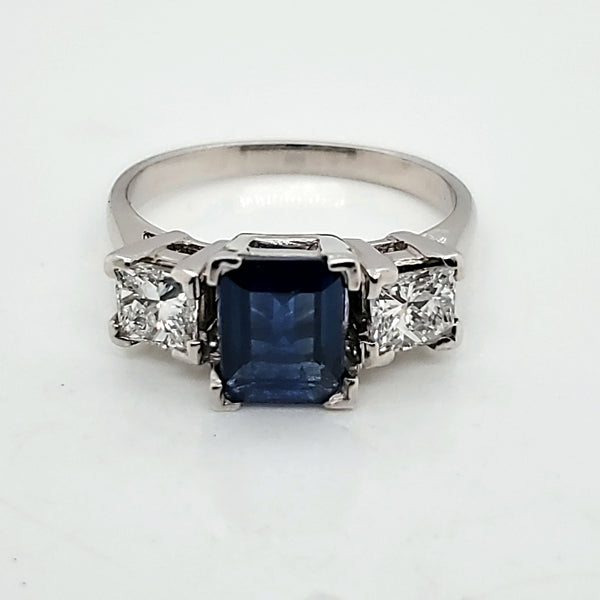 Platinum Emerald Cut Sapphire and Diamnd Ring