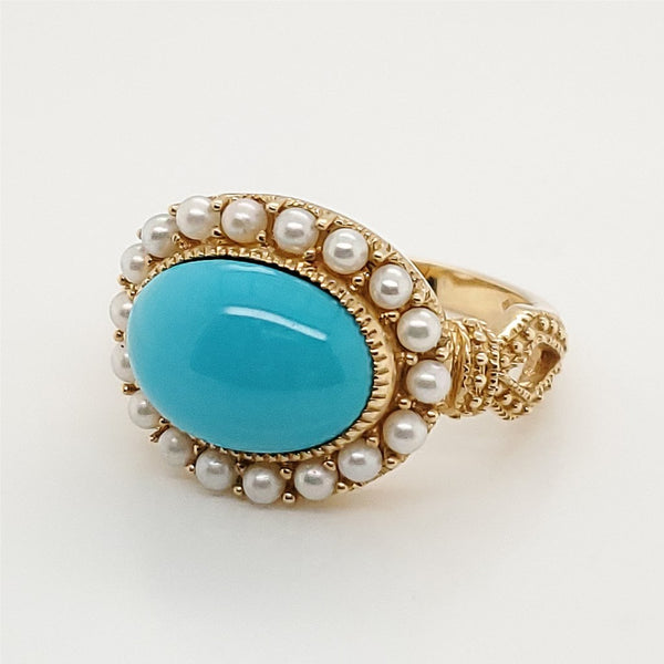 14Kt Yellow Gold Persian Turquoise And Pearl Ring