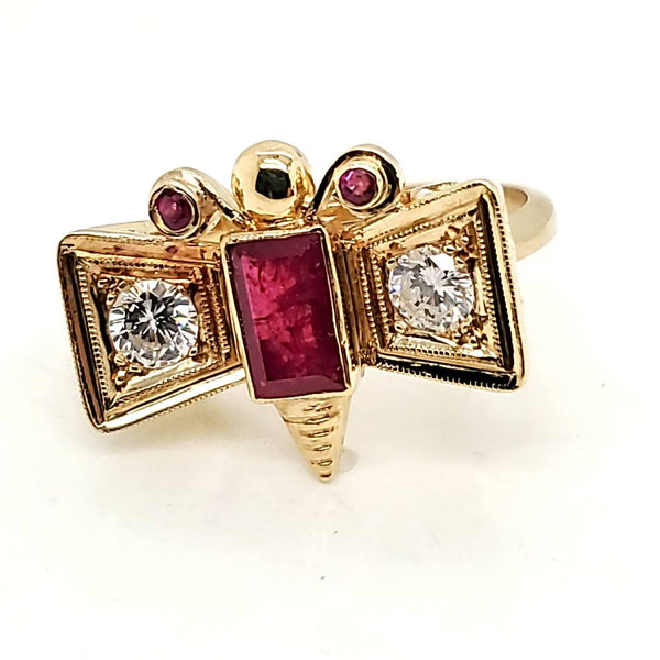 Vintage Retro 18kt Yellow Gold Ruby and Diamond Butterfly Ring