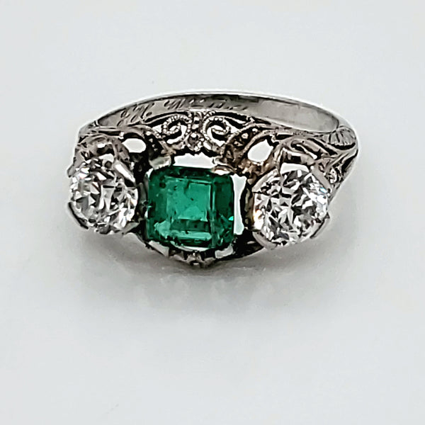 Art Deco platinum emerald and diamond filigree ring