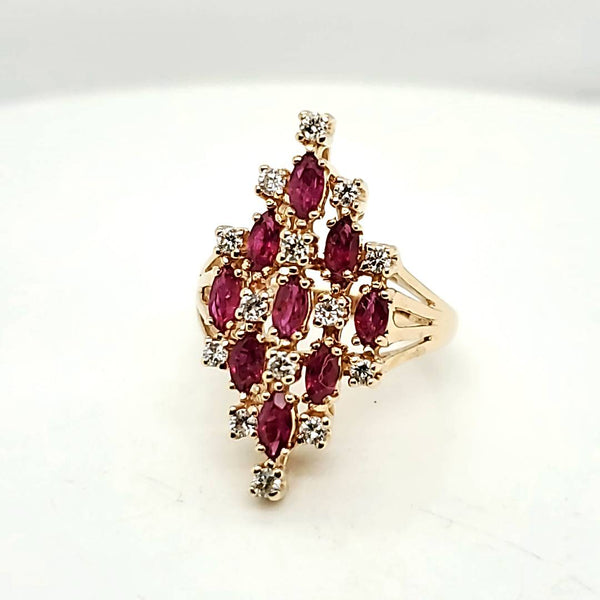 Elongated 14kt yellow gold ruby and diamond ring