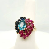 14Kt Yellow Gold Indicolite Tourmaline Ruby And Sapphire Ring
