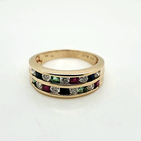 14Kt Yellow Gold Diamond Emerald Sapphire and Ruby Ring