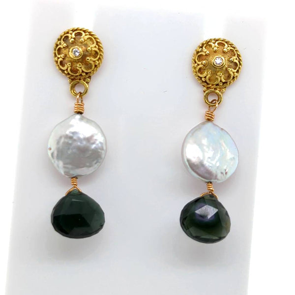 18Kt Gold, Diamond, Pearl And Green Tourmaline Earrings