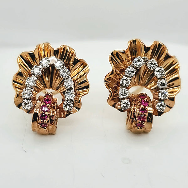1940S Retro 14kt Rose Gold Diamond & Ruby Earrings