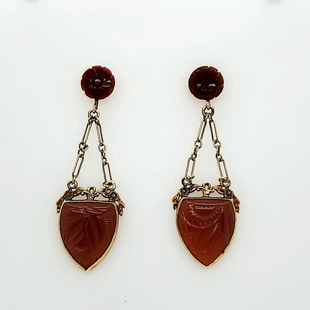 Antique Victorian 14kt Yellow Gold Carved Carnelian Earrings