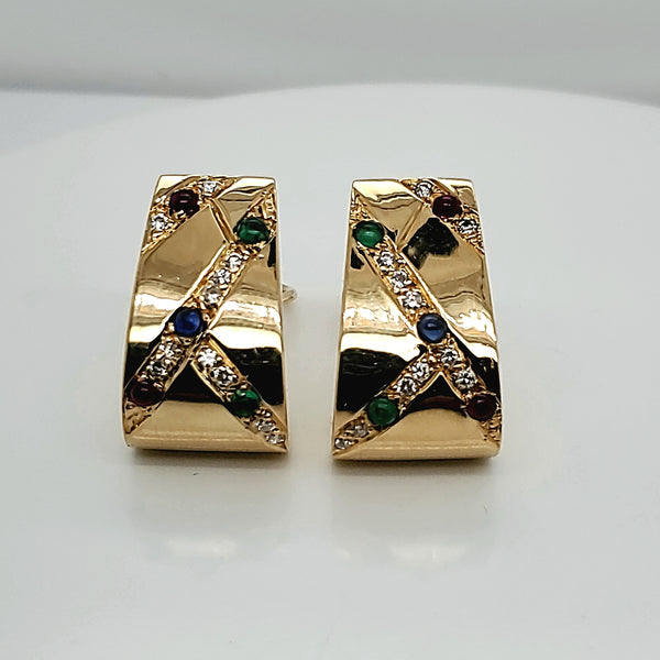 18kt Yellow Gold Diamond Sapphire Ruby and Emerald Earrings