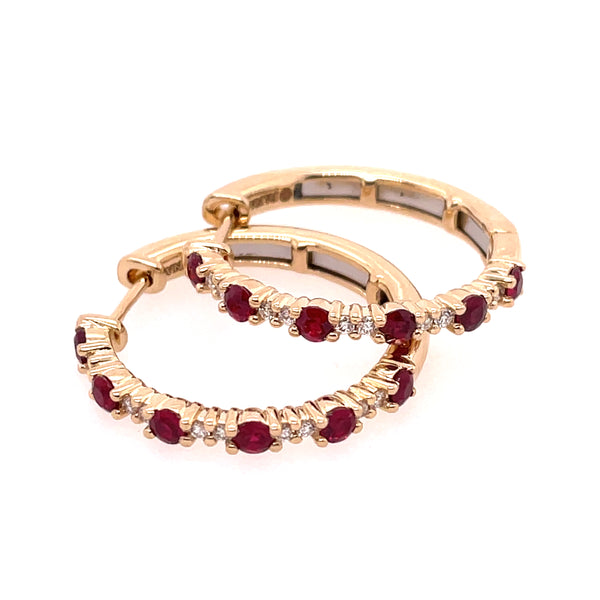 14kt yellow gold diamond and ruby hoop earrings by Fana.