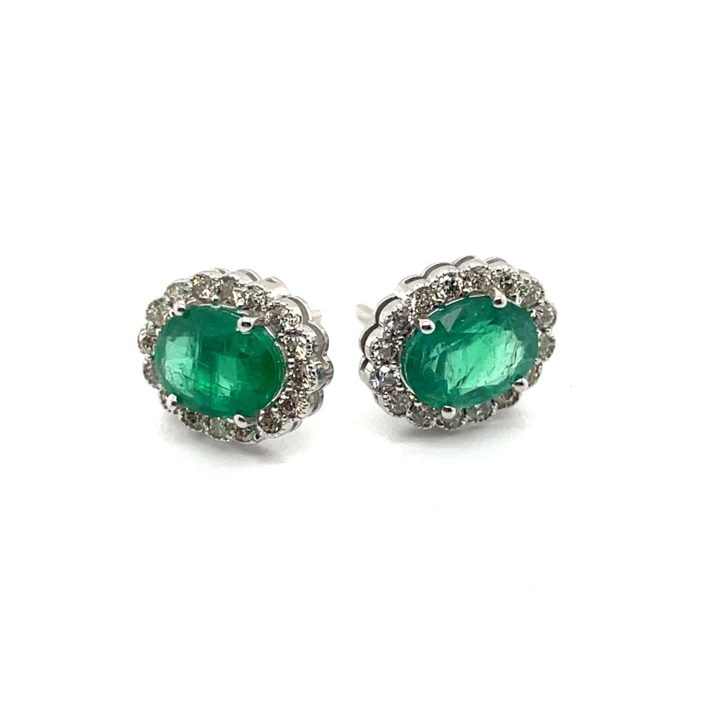 14kt White Gold 3.20Ctw Emerald And Diamond Stud Earrings