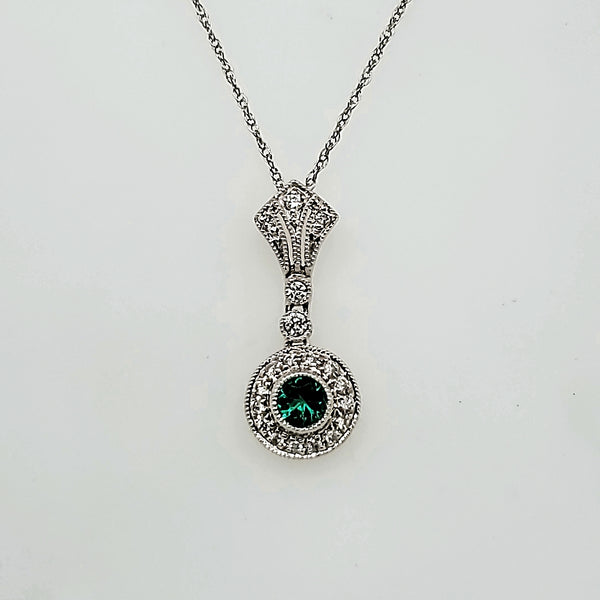 14kt White Gold Millgrain Emerald and Diamond Pendant